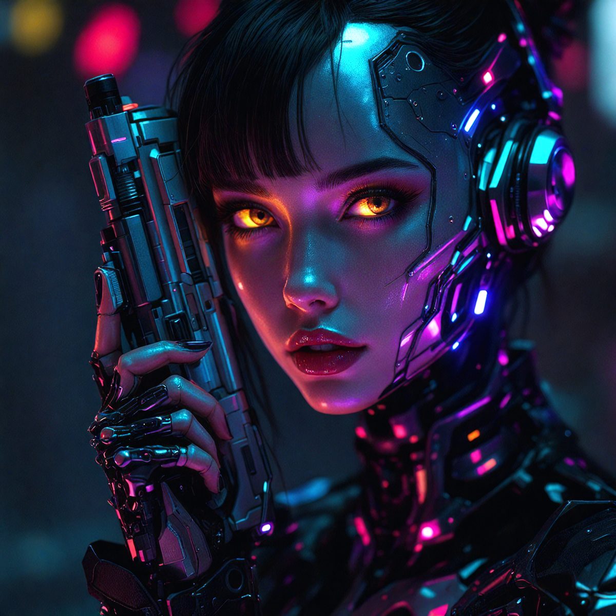 The primary subject of the image is a woman with a futuristic appearance, wearing a metallic outfit and holding a gun. She is the main focus of the image. The setting is a futuristic environment, possibly a space station or a futuristic city. The visual style is a digital art or illustration, as the woman's outfit and the gun are depicted in a detailed and intricate manner. The colors and mood of the image are predominantly dark and futuristic, with the woman's outfit and the gun being the main sources of color and light.